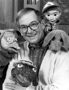 The entire, belovedly creepy Mr. Dressup crew -- l. to r. the clearly "out of it" and obviously overmedicated Aunt Bird, Alligator, Mr. Dressup, Casey, and Finnegan the Dog